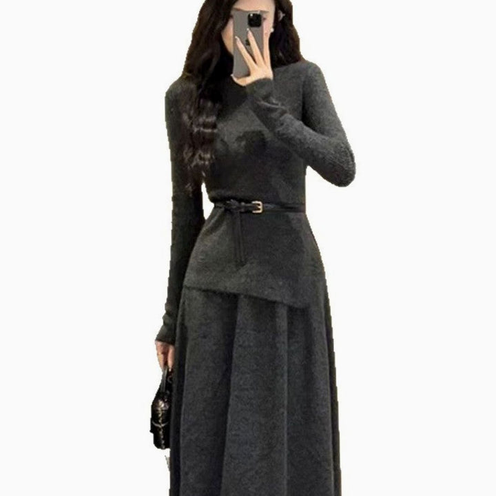 Women's Long Sleeve Asymmetric Hem Belted Knit Sweater Dress