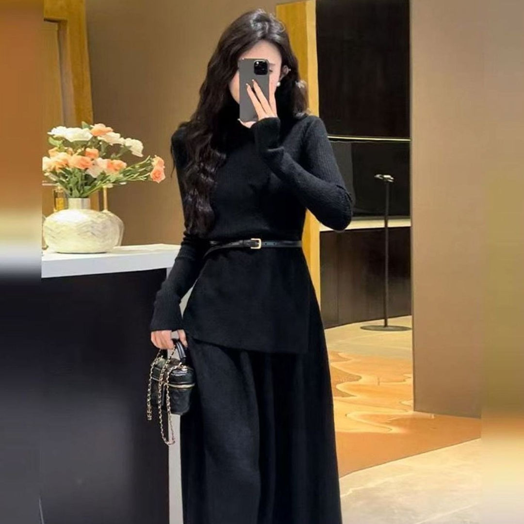Women's Long Sleeve Asymmetric Hem Belted Knit Sweater Dress - Black