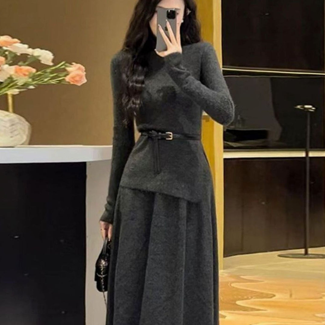 Women's Long Sleeve Asymmetric Hem Belted Knit Sweater Dress - Gray