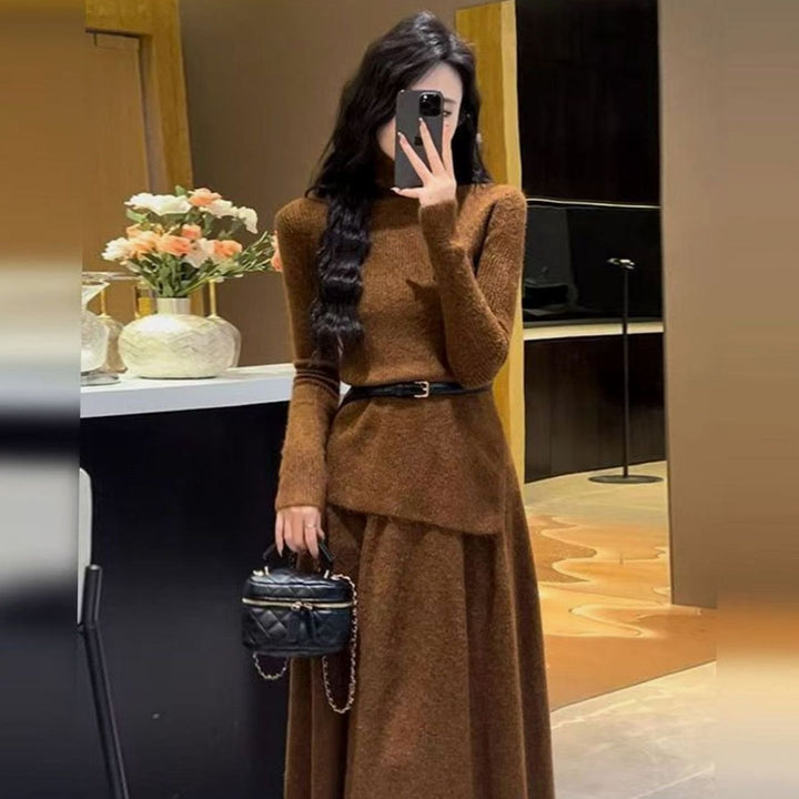 Women's Long Sleeve Asymmetric Hem Belted Knit Sweater Dress - Caramel