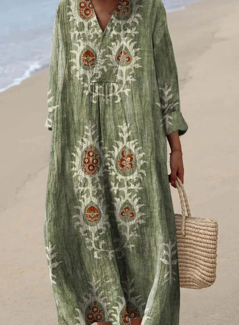Women's Long Sleeve Boho Ethnic Floral Art Print Maxi Dress - Green