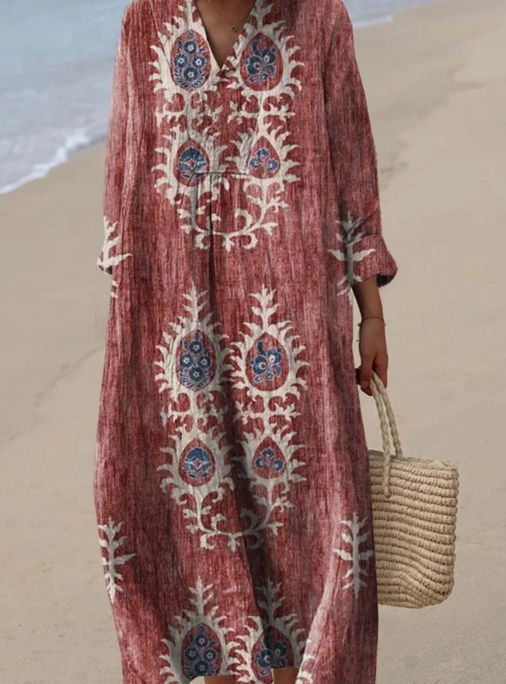 Women's Long Sleeve Boho Ethnic Floral Art Print Maxi Dress - Red
