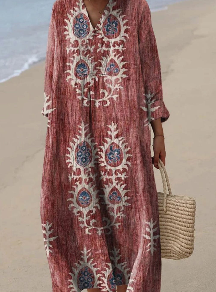 Women's Long Sleeve Boho Ethnic Floral Art Print Maxi Dress - Red