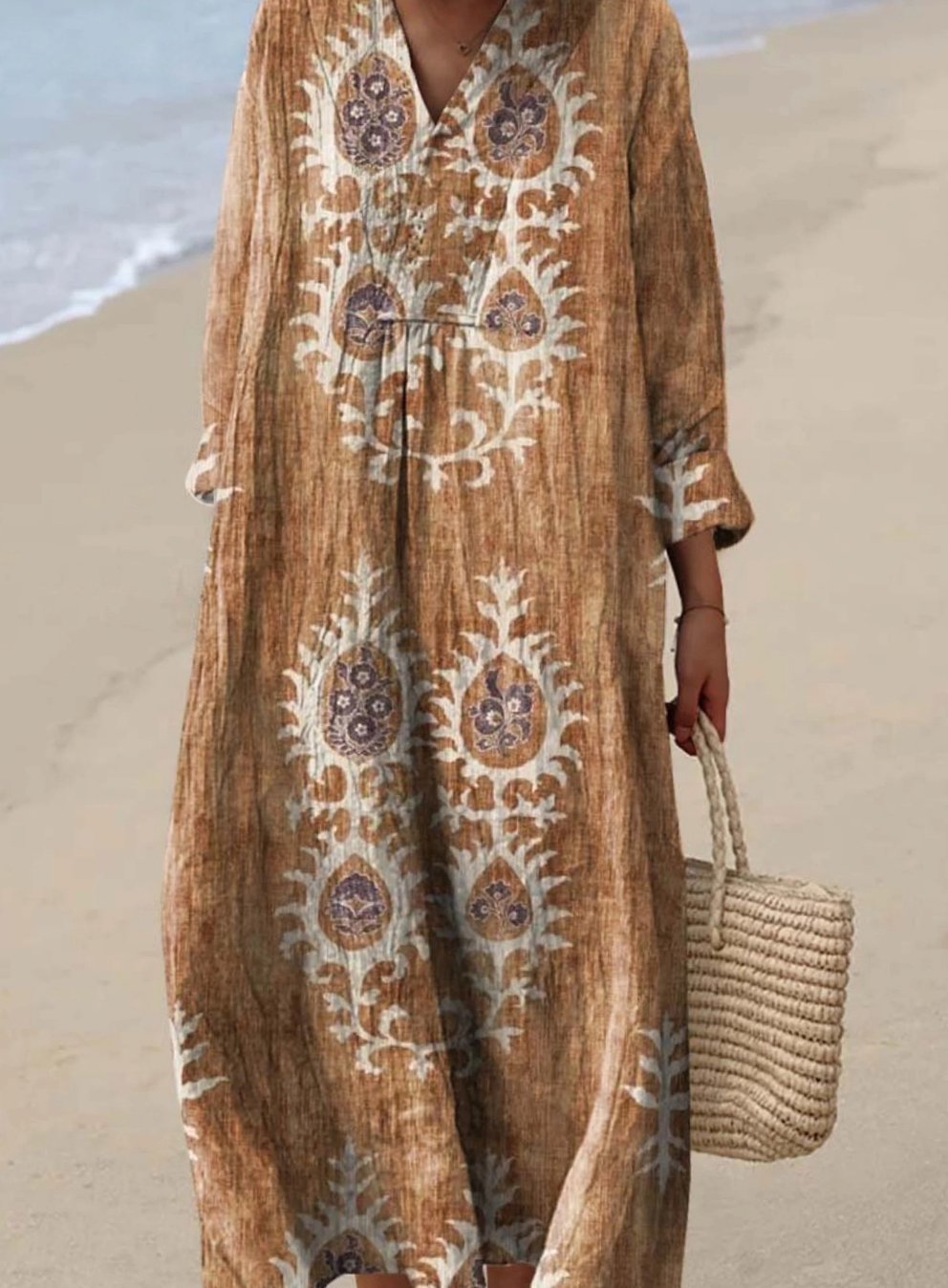 Women's Long Sleeve Boho Ethnic Floral Art Print Maxi Dress - Yellow