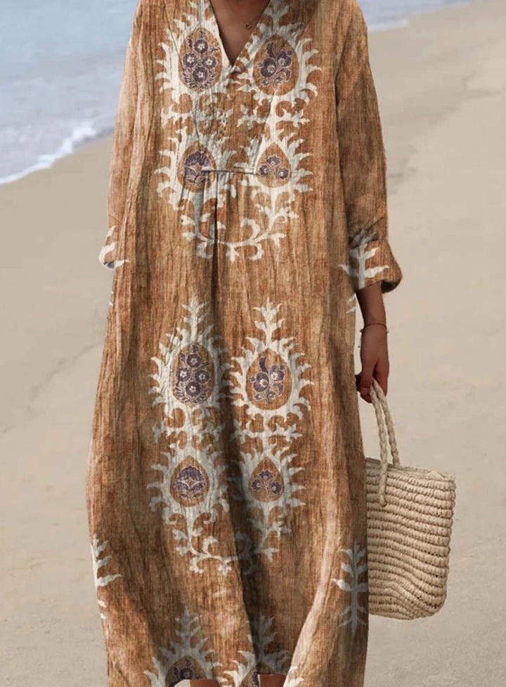 Women's Long Sleeve Boho Ethnic Floral Art Print Maxi Dress - Yellow