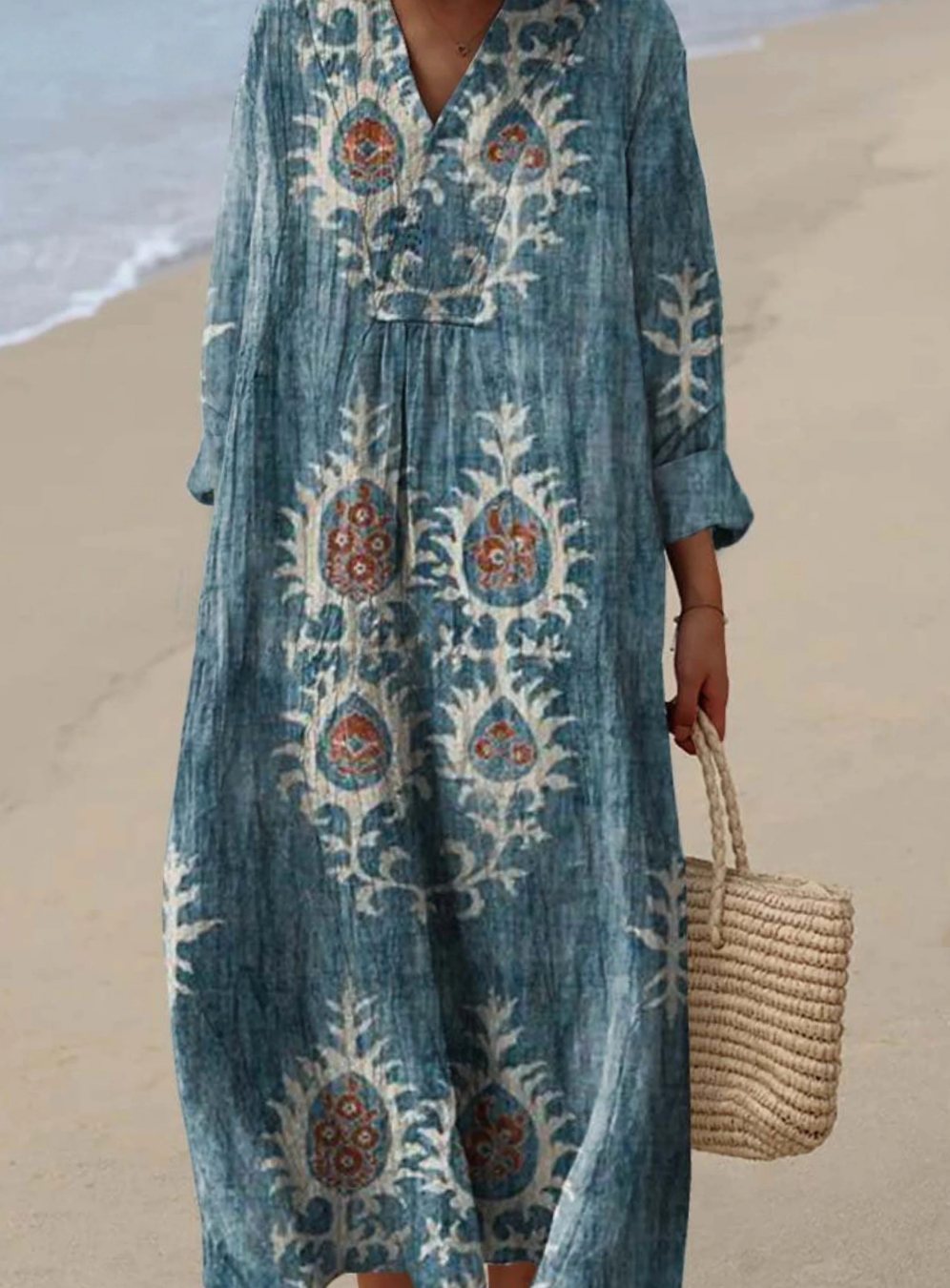 Women's Long Sleeve Boho Ethnic Floral Art Print Maxi Dress - Blue