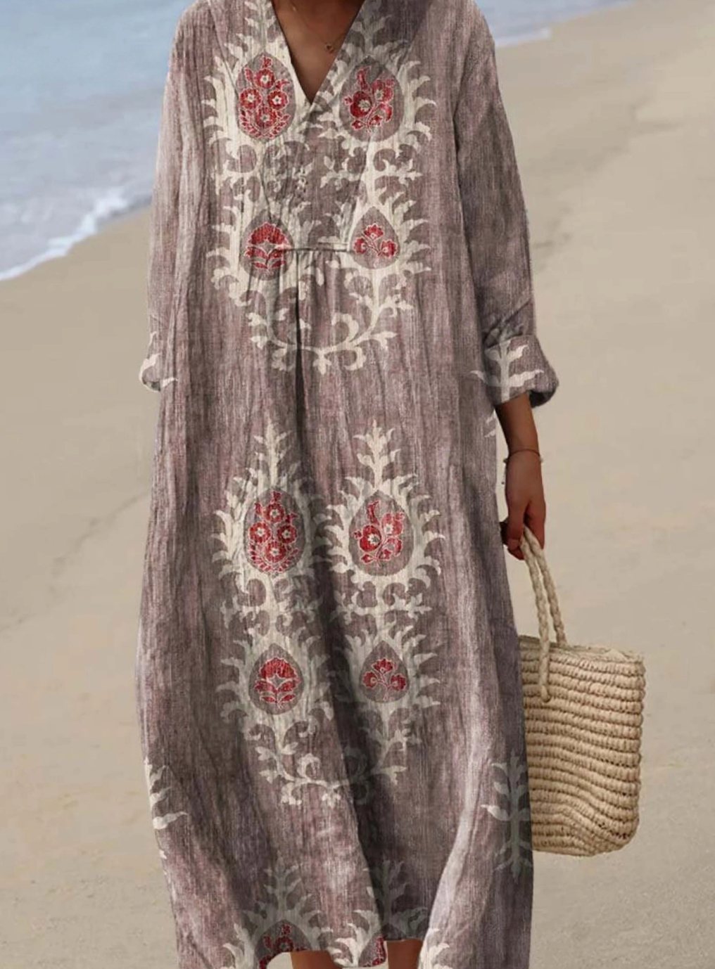 Women's Long Sleeve Boho Ethnic Floral Art Print Maxi Dress - Pink
