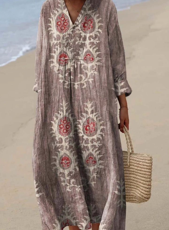 Women's Long Sleeve Boho Ethnic Floral Art Print Maxi Dress - Pink