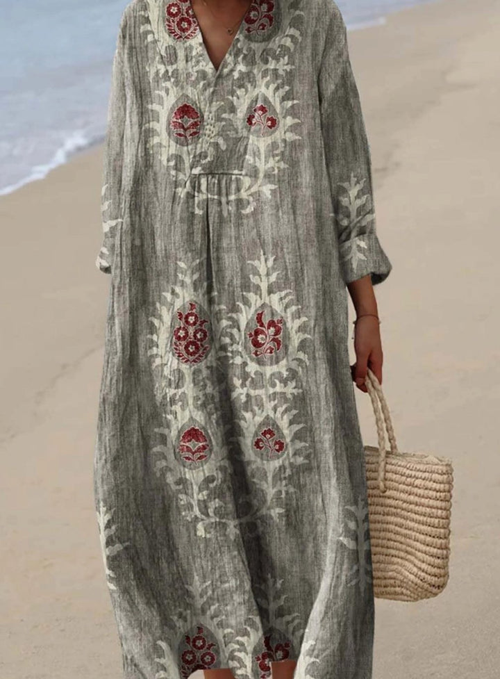 Women's Long Sleeve Boho Ethnic Floral Art Print Maxi Dress - Grey