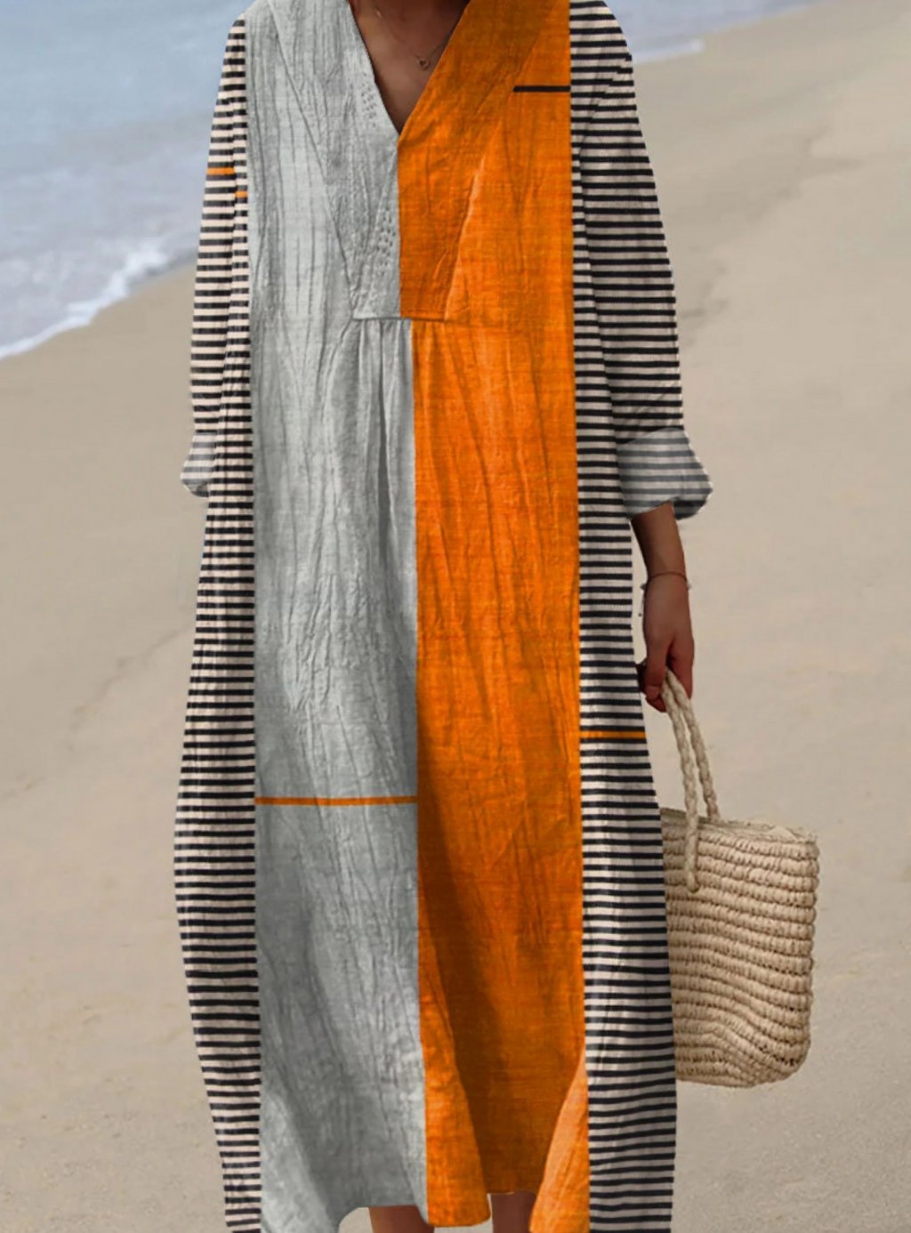 Women's Long Sleeve Boho Geometric Color Block Maxi Dress - Multicolor