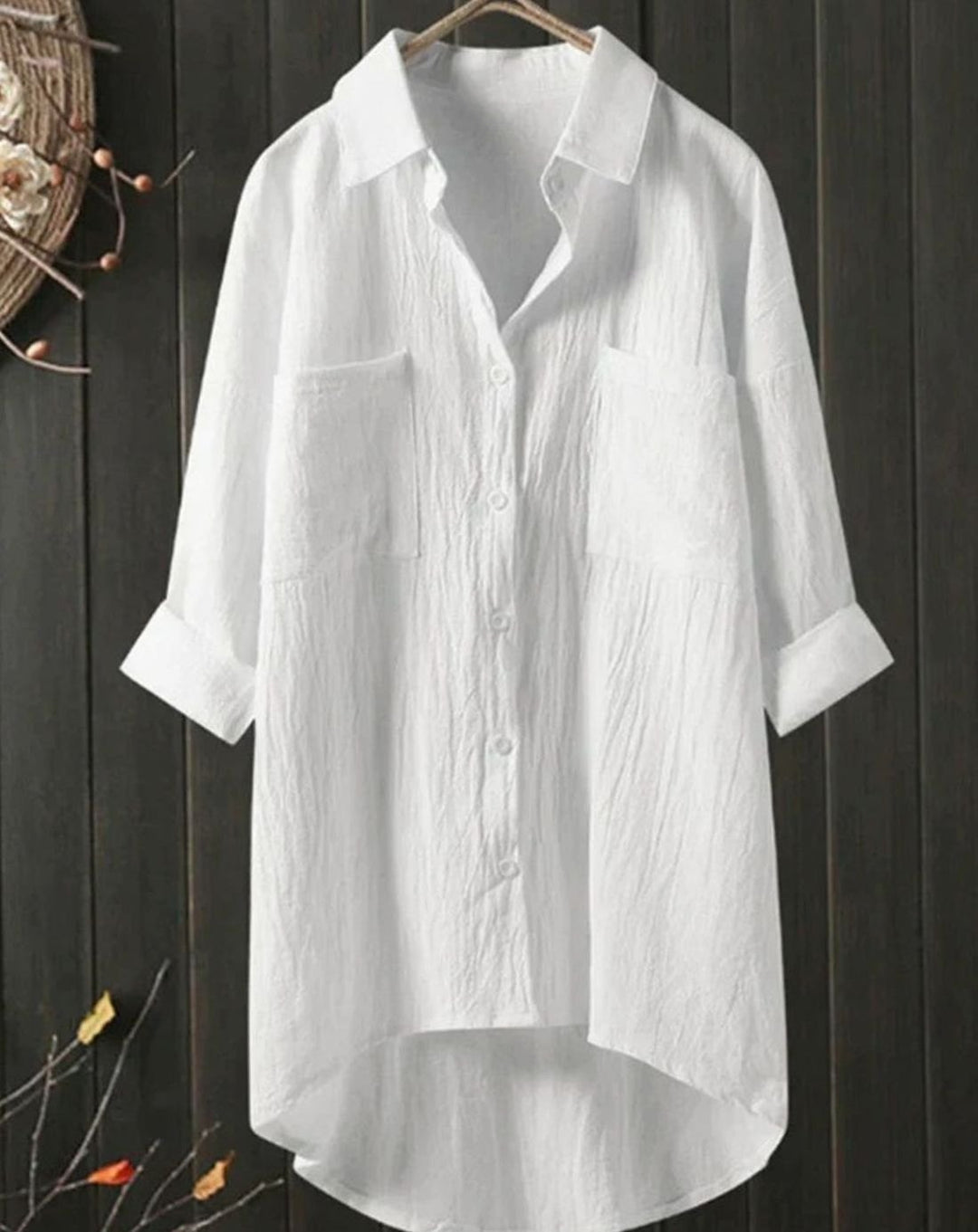 Women's Long Sleeve Button-Down Cotton-Linen Blouse - White