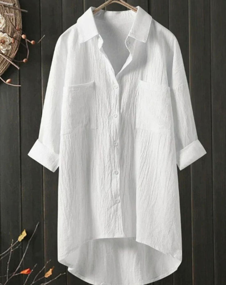 Women's Long Sleeve Button-Down Cotton-Linen Blouse - White