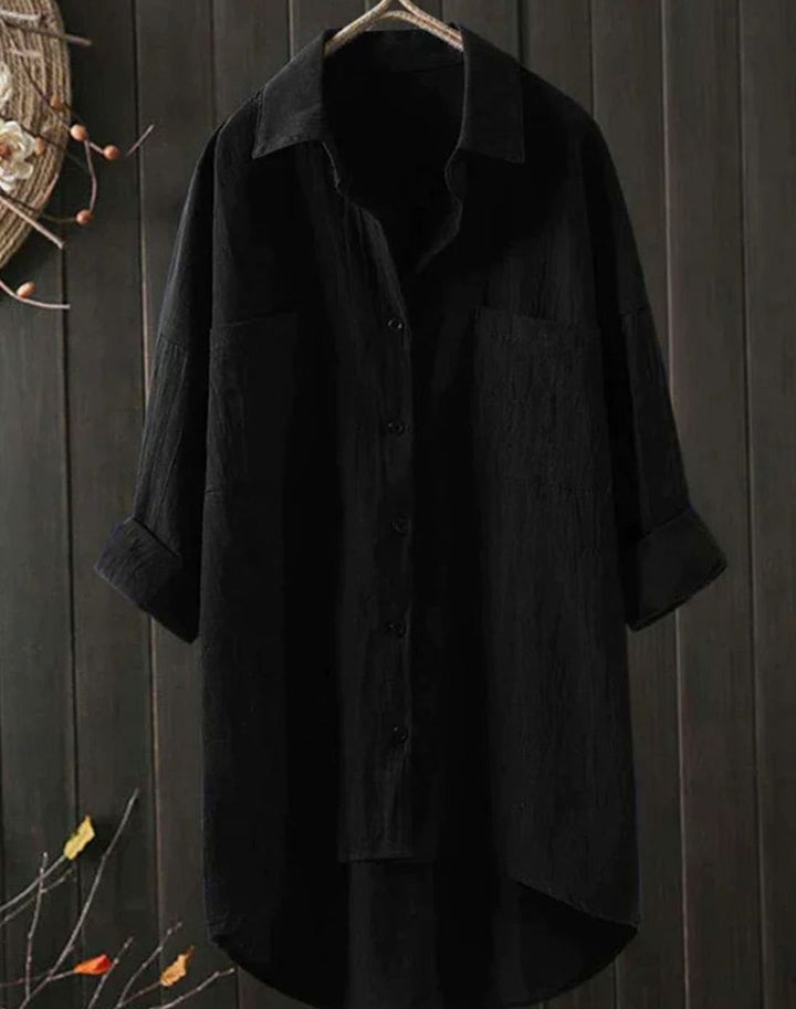 Women's Long Sleeve Button-Down Cotton-Linen Blouse - Black