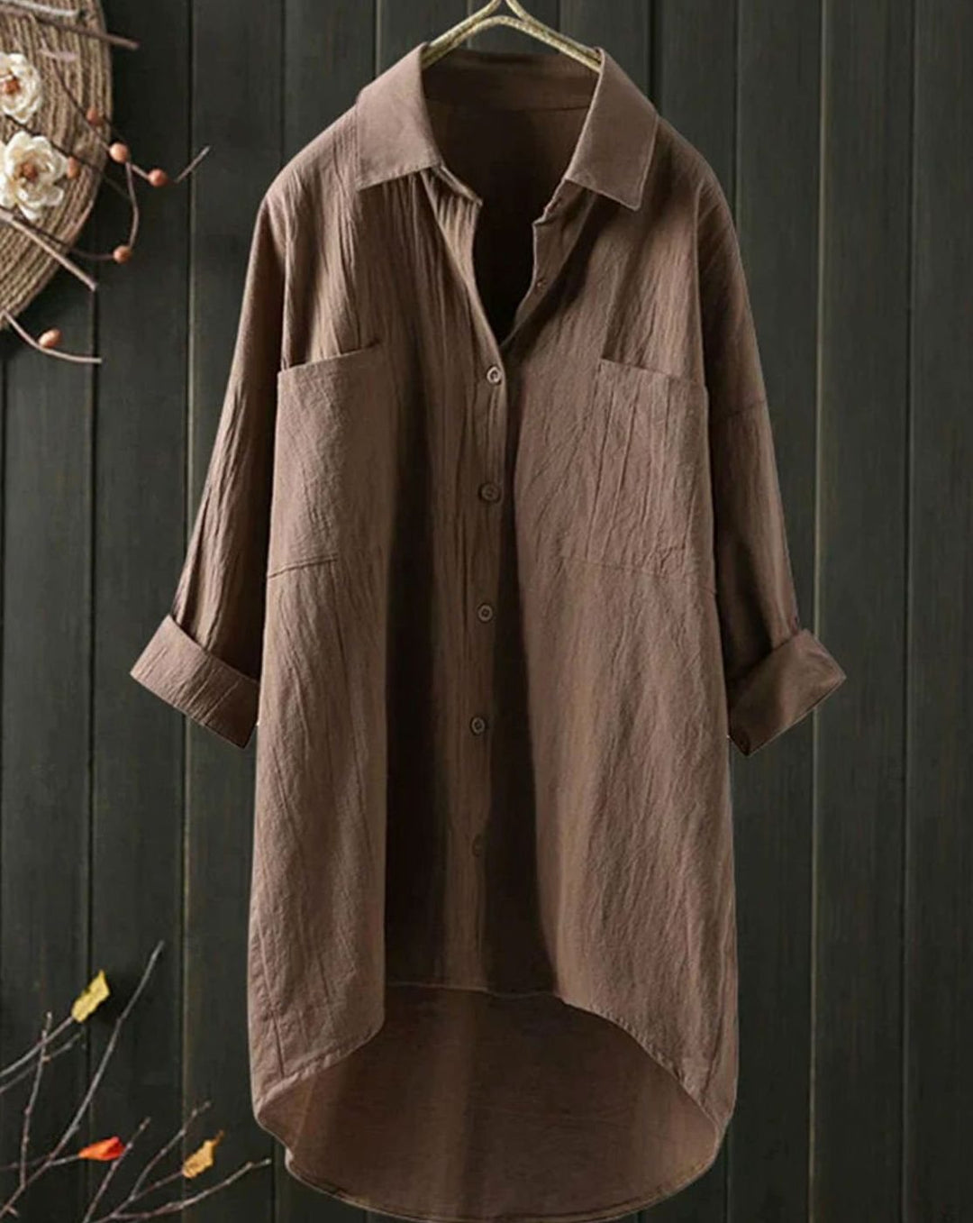 Women's Long Sleeve Button-Down Cotton-Linen Blouse - Khaki