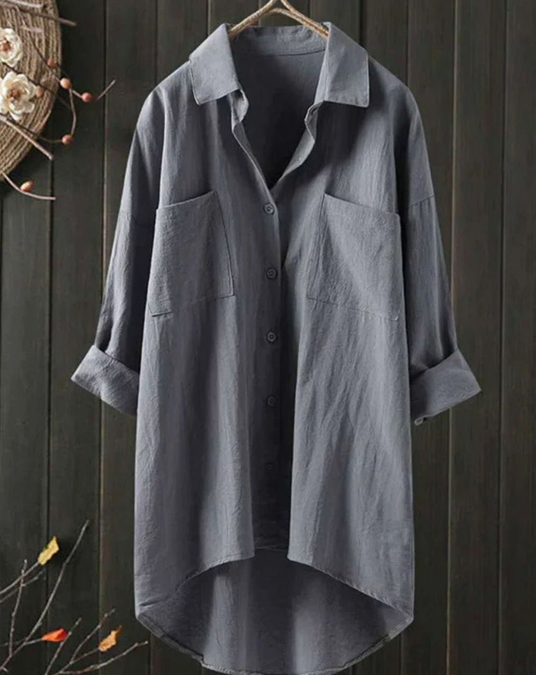 Women's Long Sleeve Button-Down Cotton-Linen Blouse - Gray