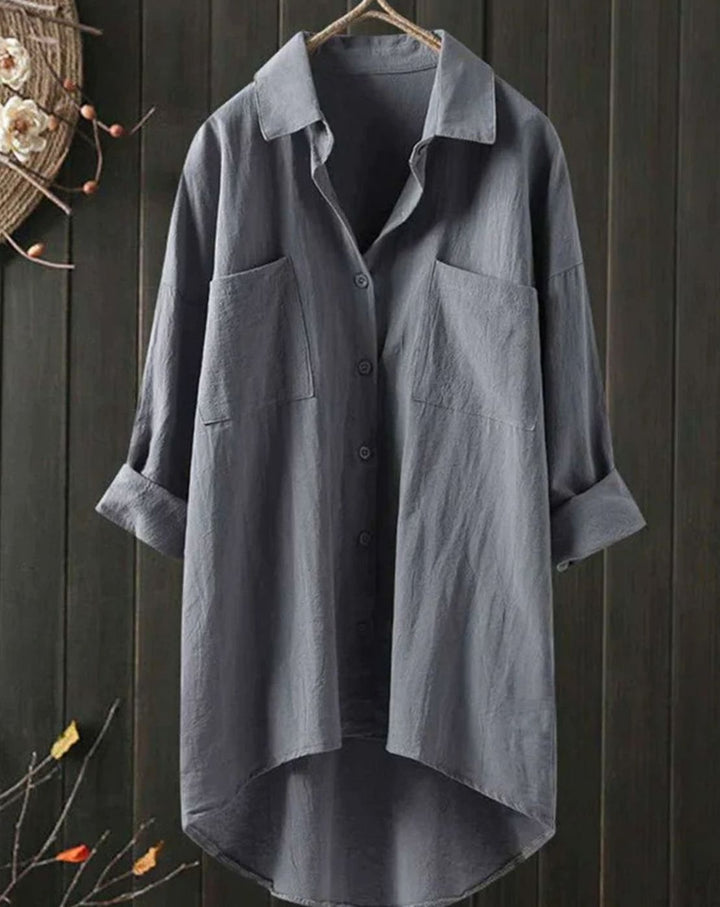 Women's Long Sleeve Button-Down Cotton-Linen Blouse - Gray