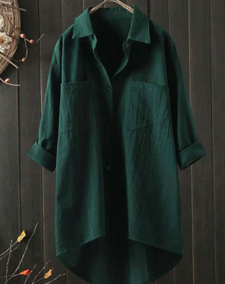 Women's Long Sleeve Button-Down Cotton-Linen Blouse - Green