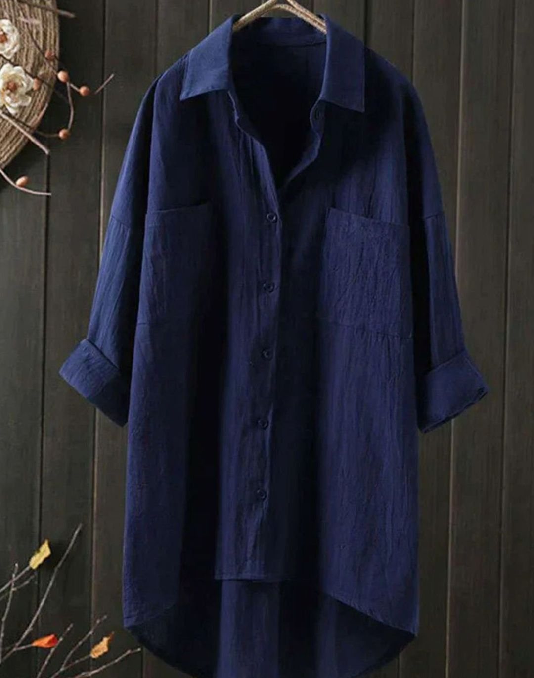 Women's Long Sleeve Button-Down Cotton-Linen Blouse - Blue