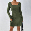 Mia | Women's Long Sleeve Button-Front Square-Neck Mini Dress