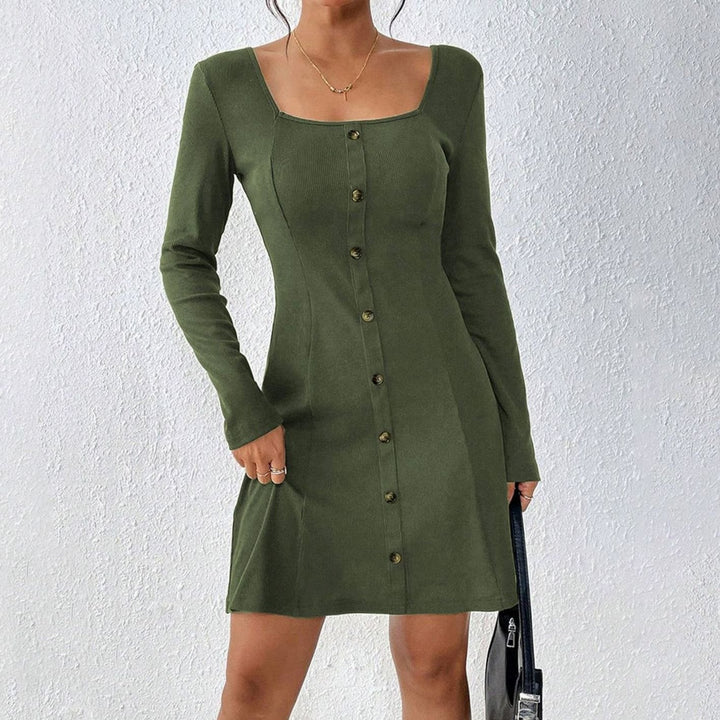 Women's Long Sleeve Button-Front Square-Neck Mini Dress