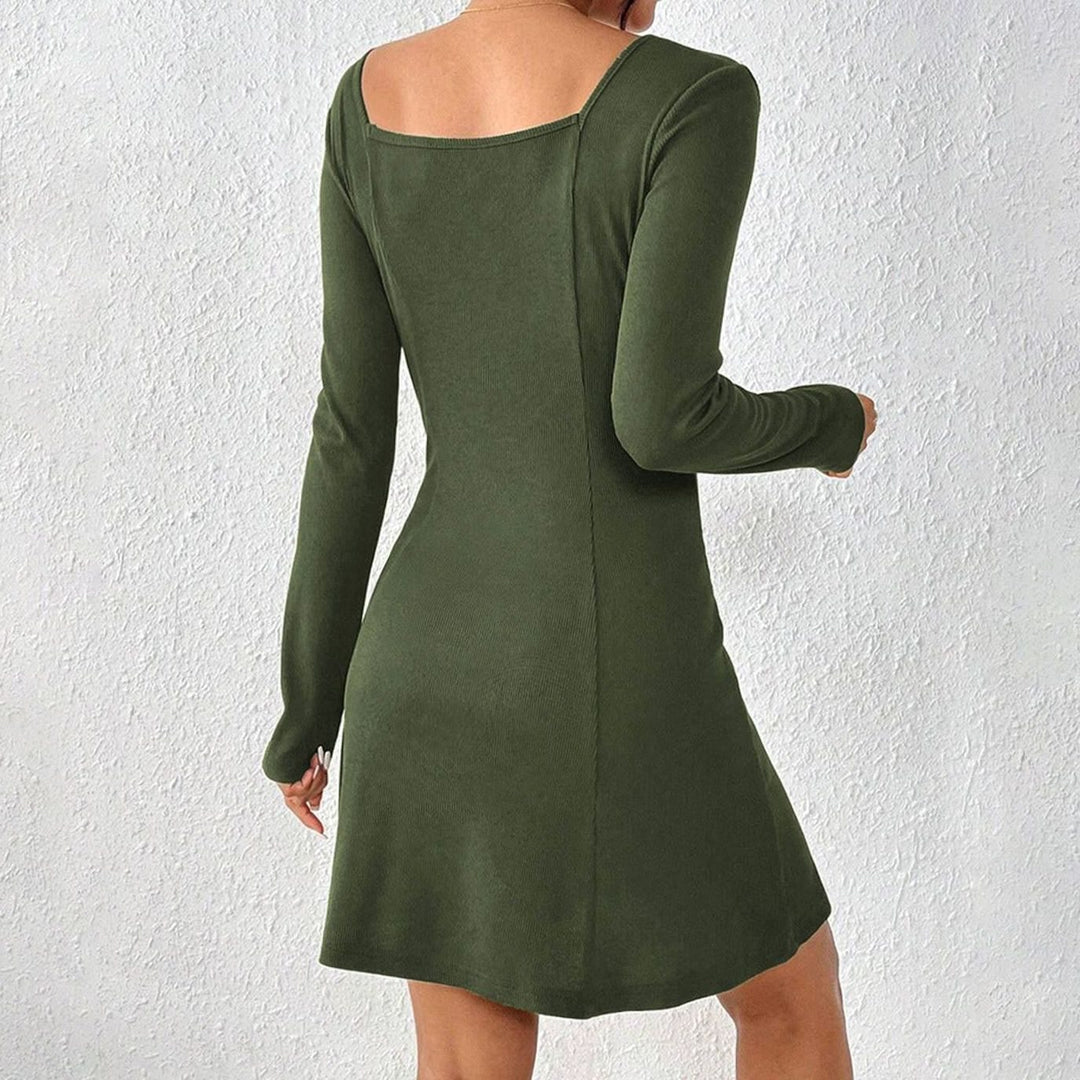 Women's Long Sleeve Button-Front Square-Neck Mini Dress