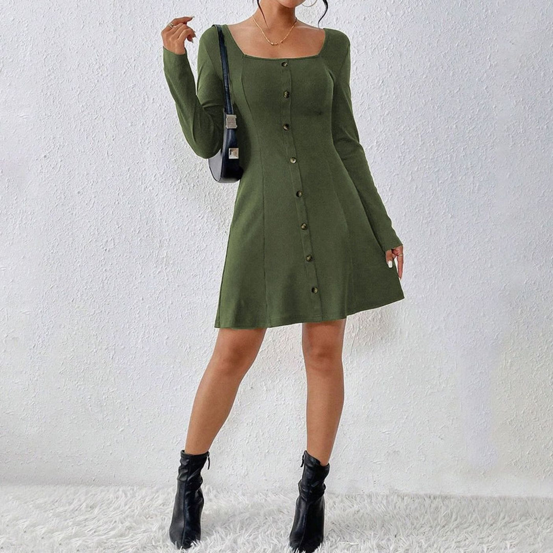 Women's Long Sleeve Button-Front Square-Neck Mini Dress