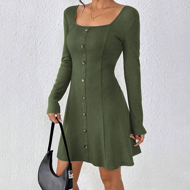 Women's Long Sleeve Button-Front Square-Neck Mini Dress