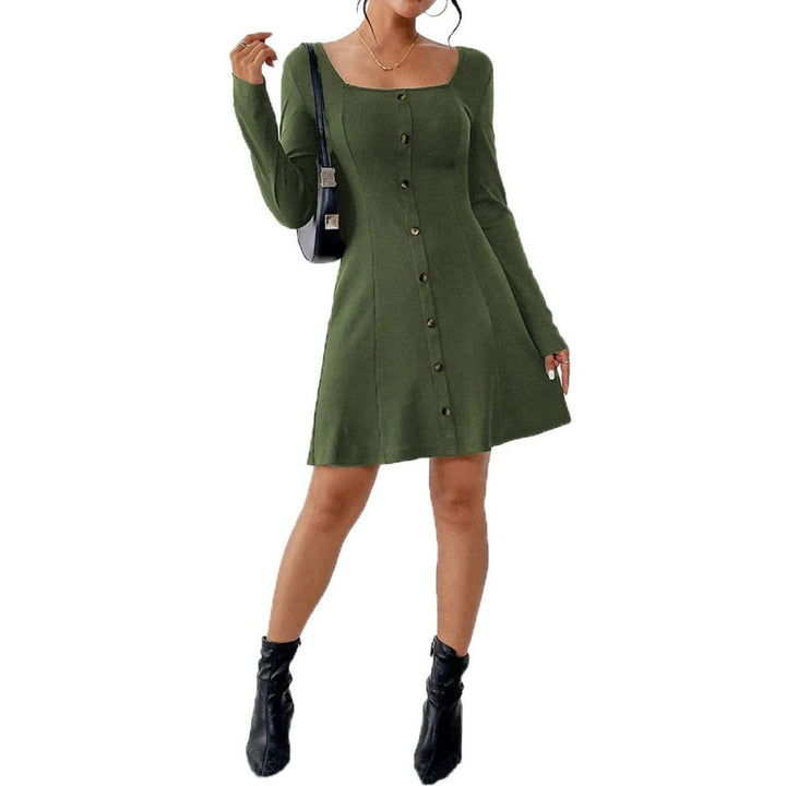 Women's Long Sleeve Button-Front Square-Neck Mini Dress
