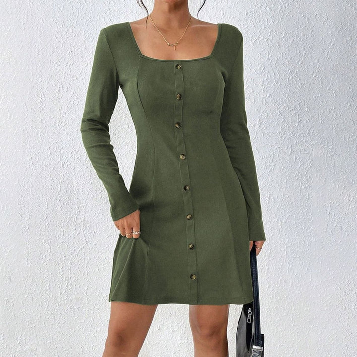 Women's Long Sleeve Button-Front Square-Neck Mini Dress - Olive Green
