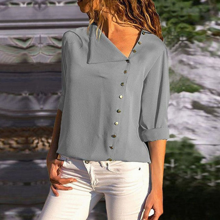 Women's Long Sleeve Button-Up Blouse Diagonal V-Neck Top - Gray