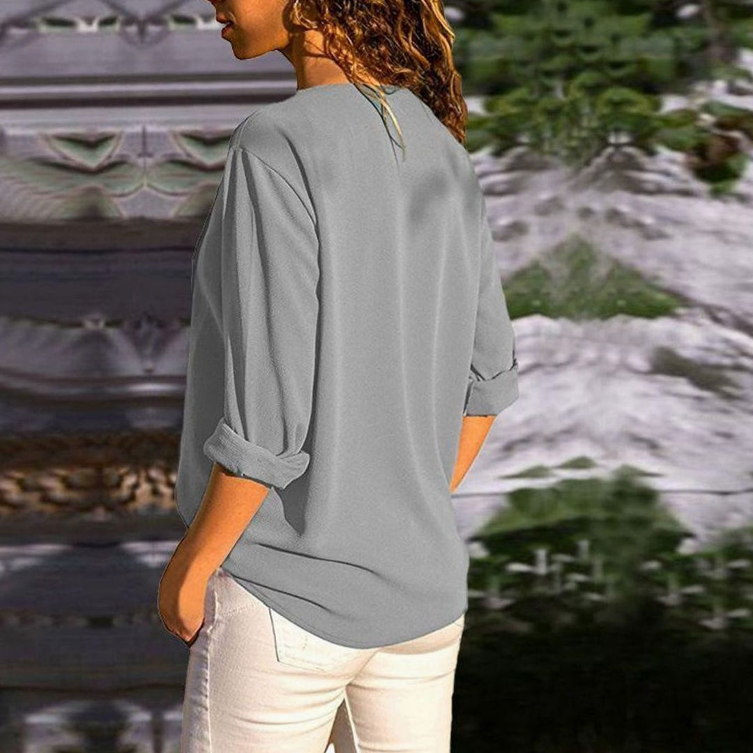 Women's Long Sleeve Button-Up Blouse Diagonal V-Neck Top