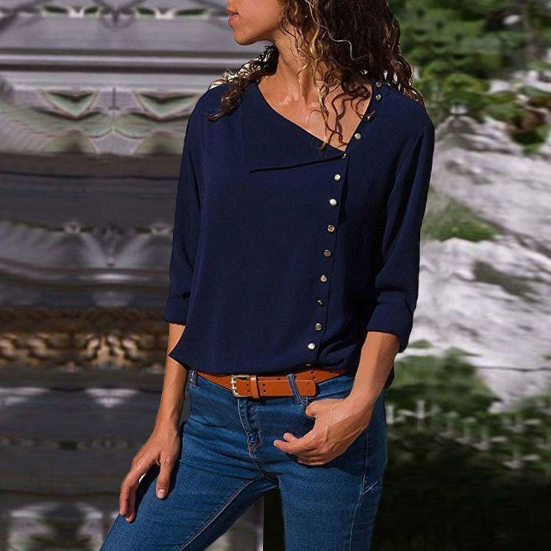 Women's Long Sleeve Button-Up Blouse Diagonal V-Neck Top - Blue