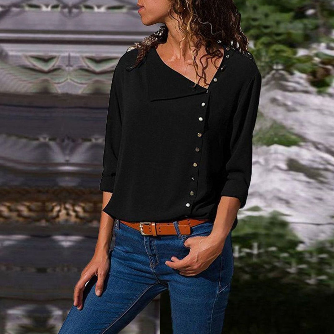 Women's Long Sleeve Button-Up Blouse Diagonal V-Neck Top - Black
