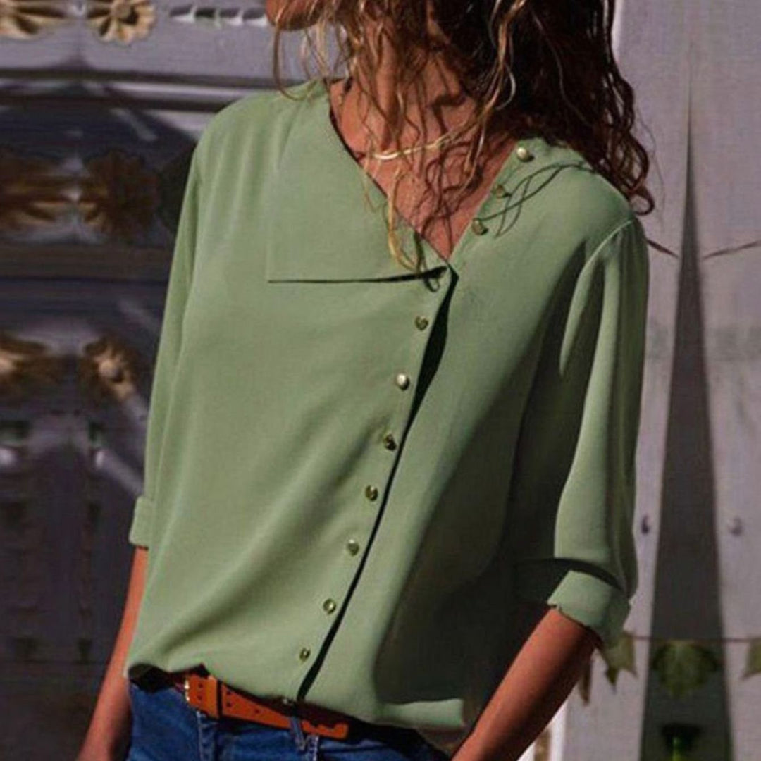 Women's Long Sleeve Button-Up Blouse Diagonal V-Neck Top - Green