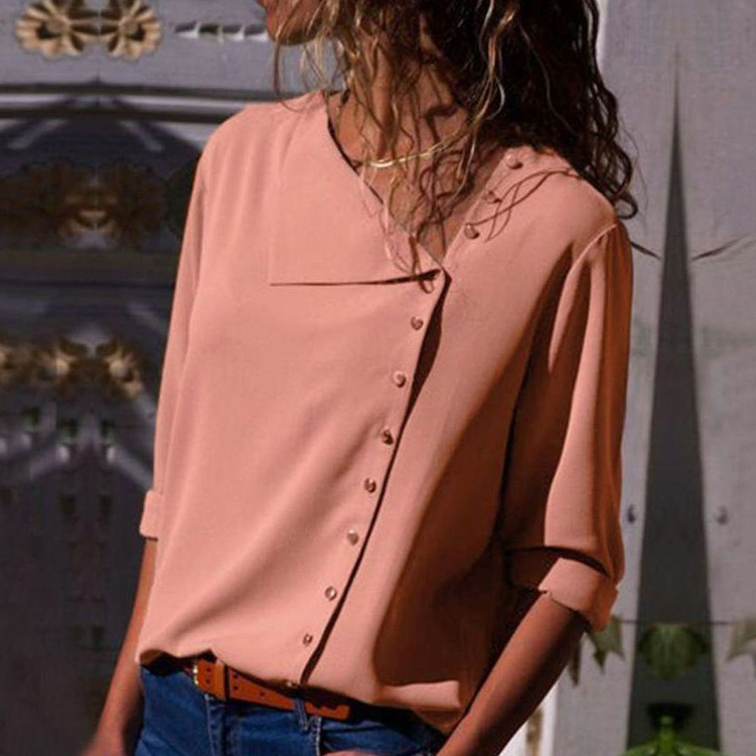 Women's Long Sleeve Button-Up Blouse Diagonal V-Neck Top - Pink
