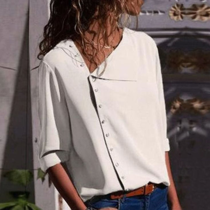 Women's Long Sleeve Button-Up Blouse Diagonal V-Neck Top - White