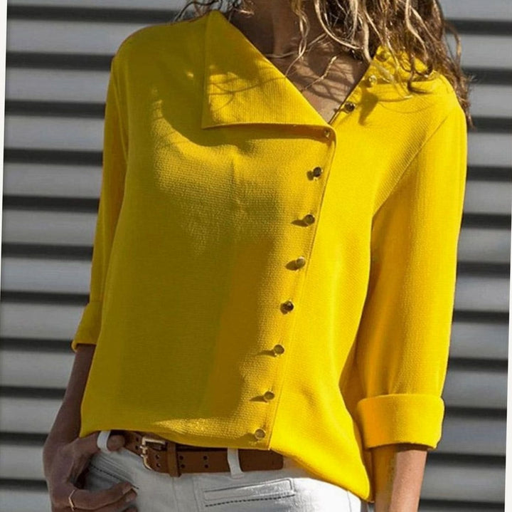 Women's Long Sleeve Button-Up Blouse Diagonal V-Neck Top - Yellow