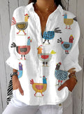 Luna | Women's Long Sleeve Chicken Print Button-Up Blouse