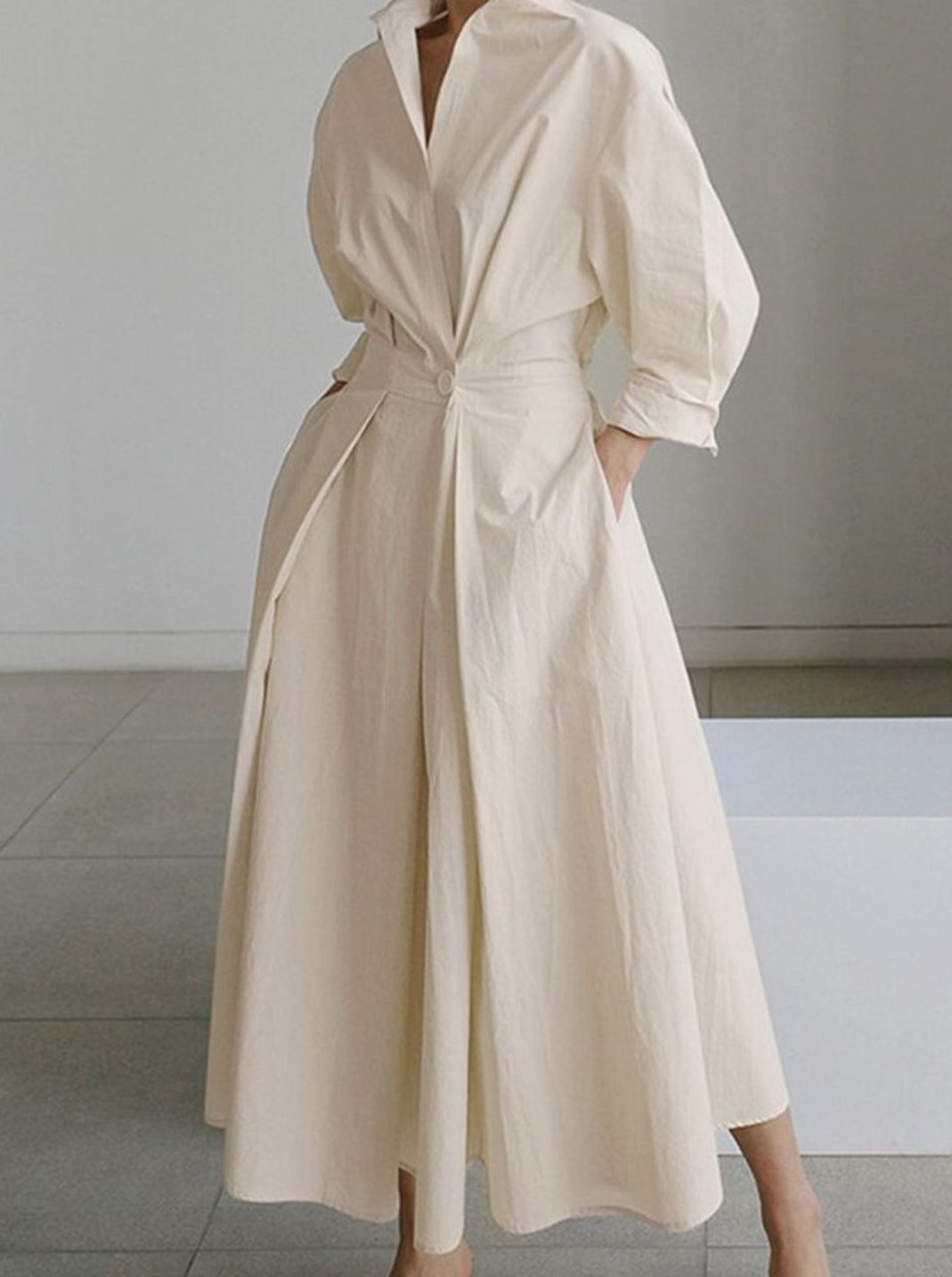 Women's Long Sleeve Collared Maxi Shirt Dress Flowy Fit - Beige