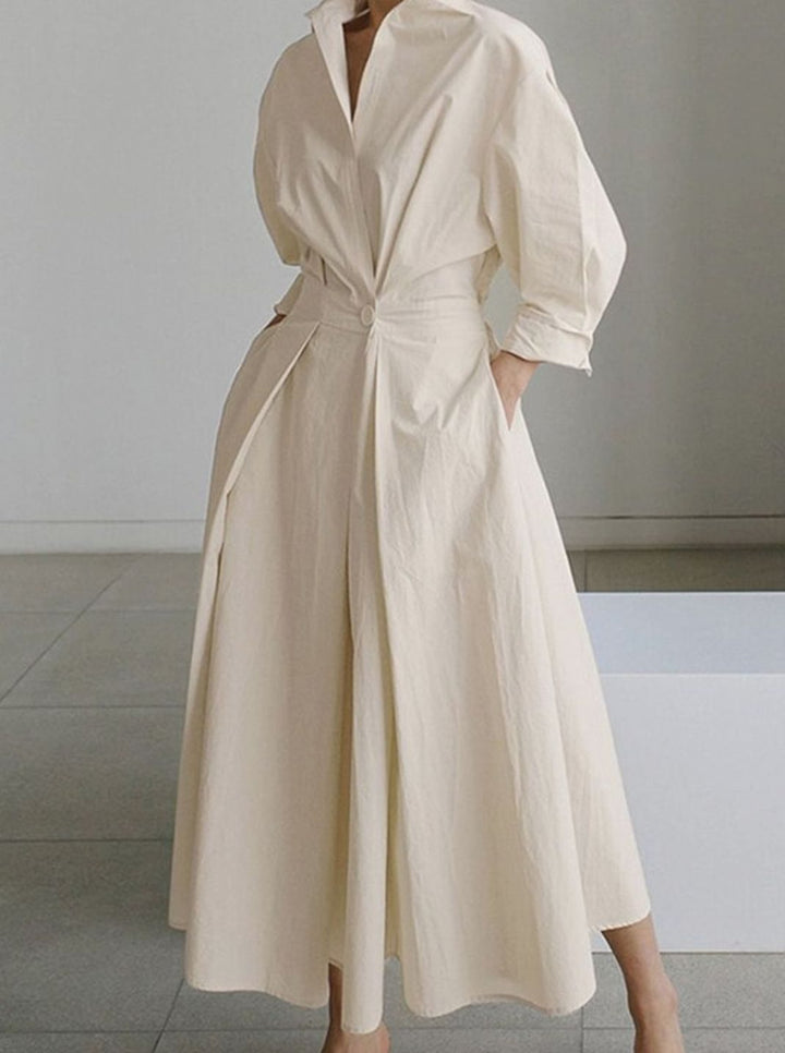 Women's Long Sleeve Collared Maxi Shirt Dress Flowy Fit - Beige