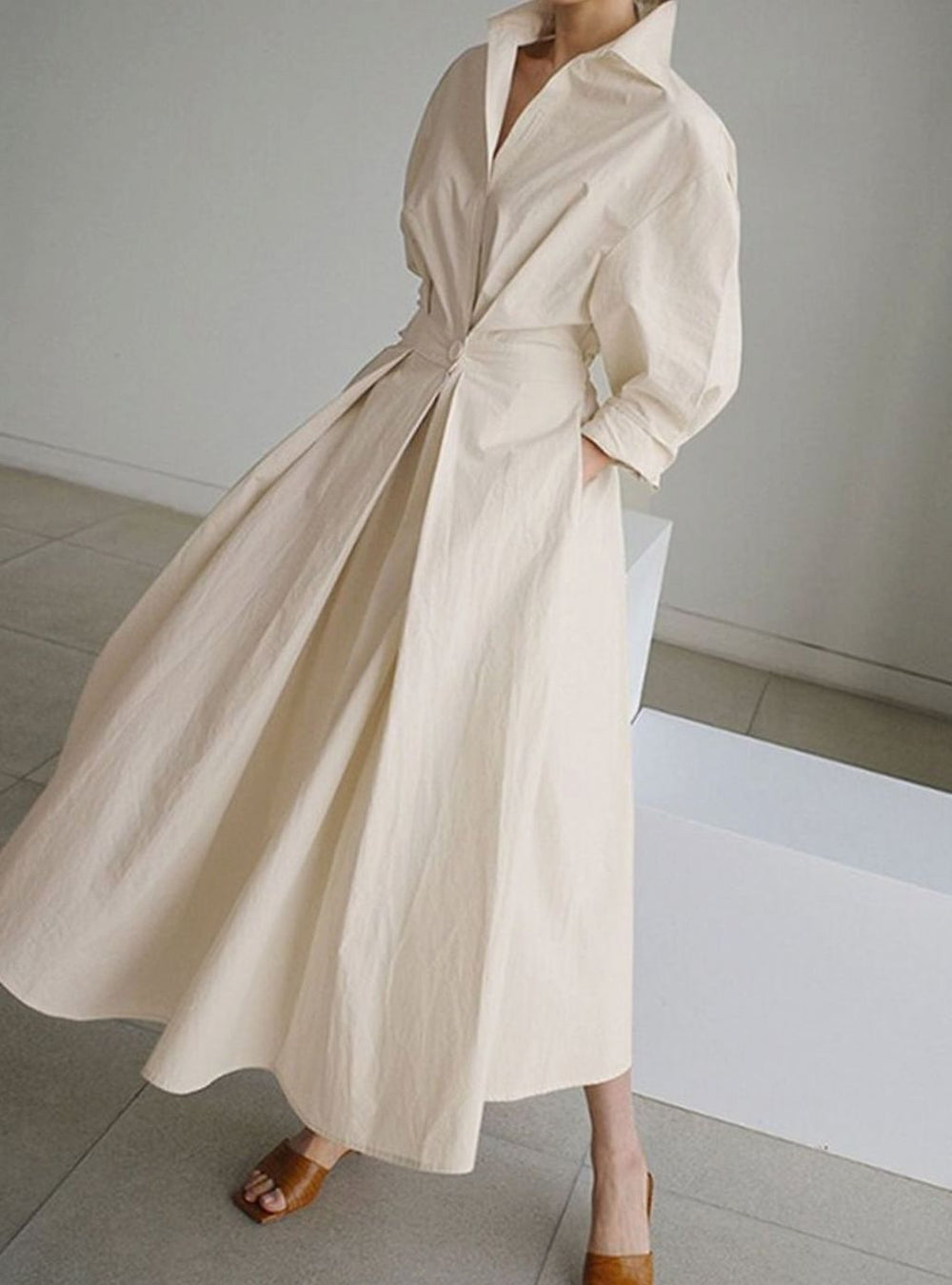 Women's Long Sleeve Collared Maxi Shirt Dress Flowy Fit