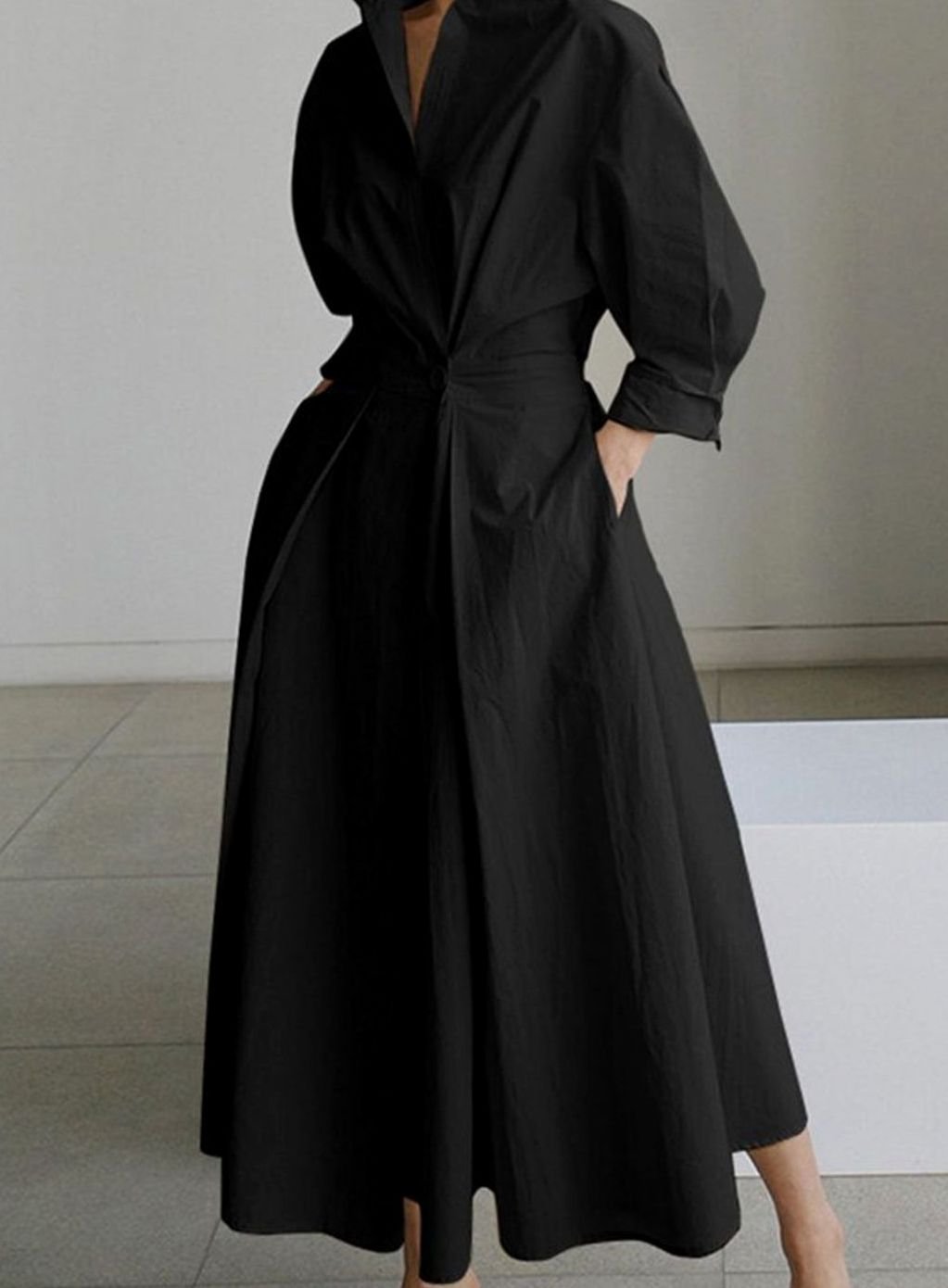 Women's Long Sleeve Collared Maxi Shirt Dress Flowy Fit - Black