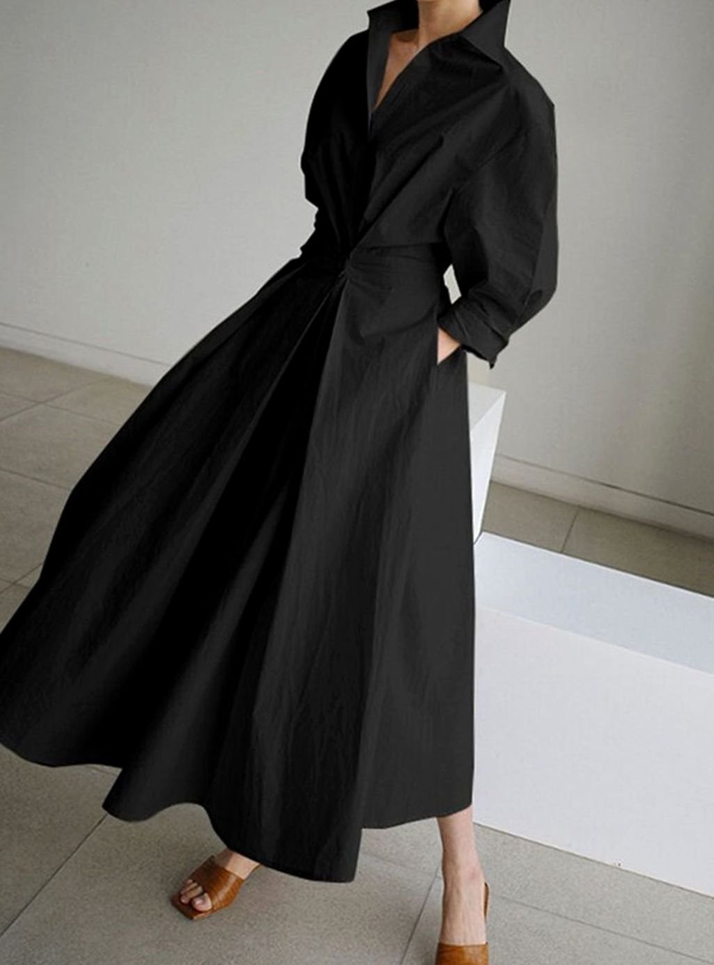 Women's Long Sleeve Collared Maxi Shirt Dress Flowy Fit