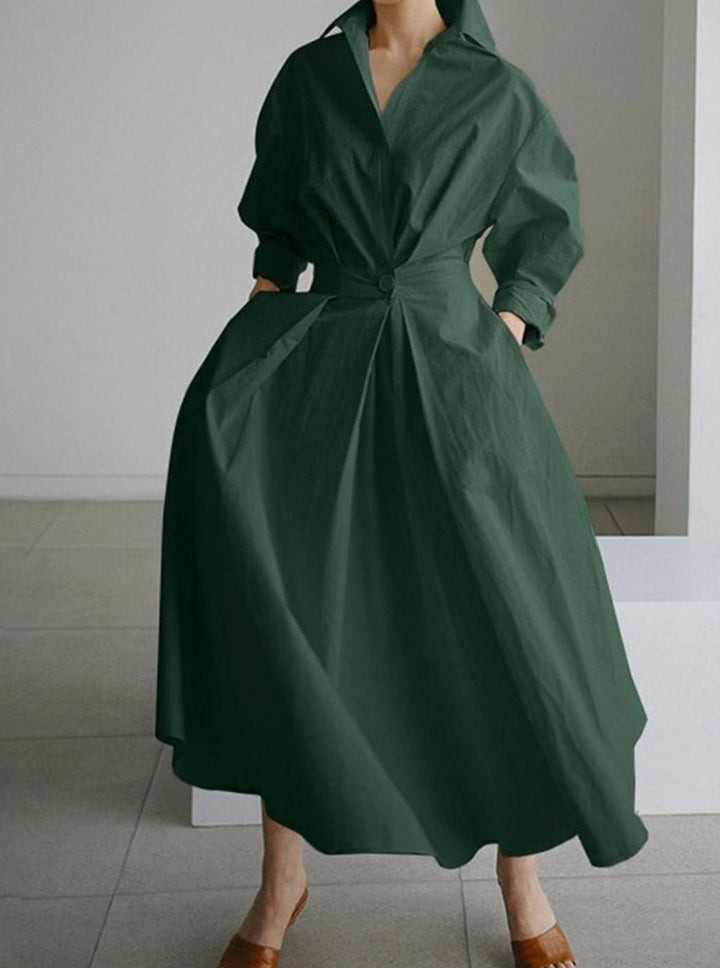 Women's Long Sleeve Collared Maxi Shirt Dress Flowy Fit - Dark Green