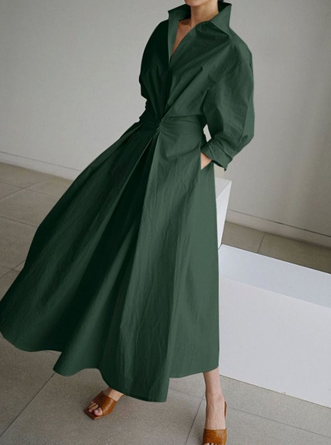 Women's Long Sleeve Collared Maxi Shirt Dress Flowy Fit