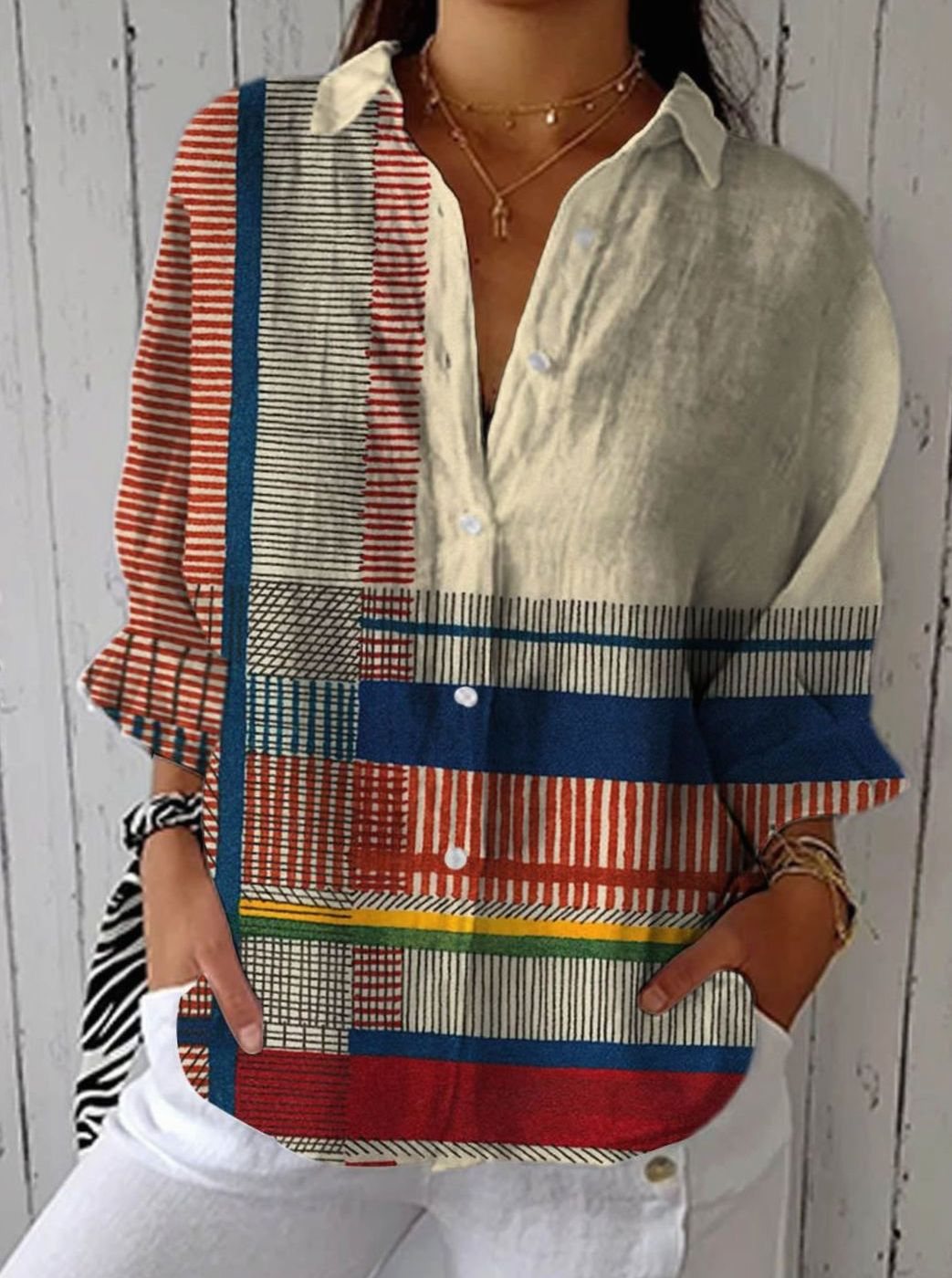 Women's Long Sleeve Colorblock Striped Button-Down Blouse - Multicolor