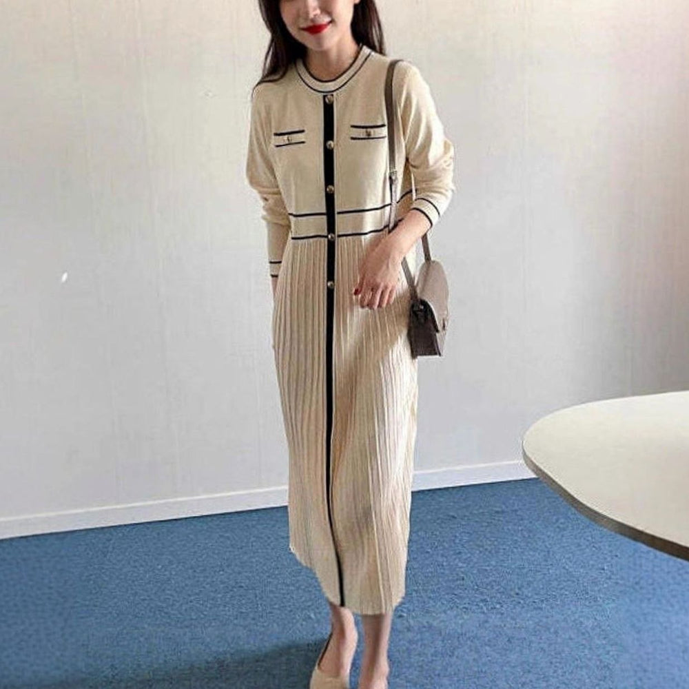 Women's Long-Sleeve Contrast-Trim Button-Front Pleated Knit Sweater Dress