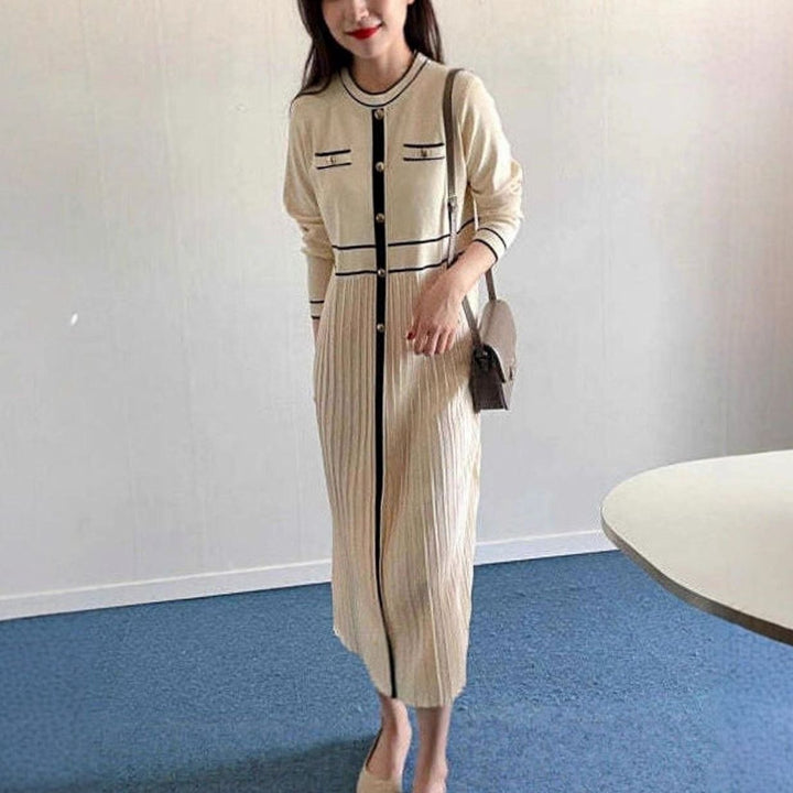 Women's Long-Sleeve Contrast-Trim Button-Front Pleated Knit Sweater Dress