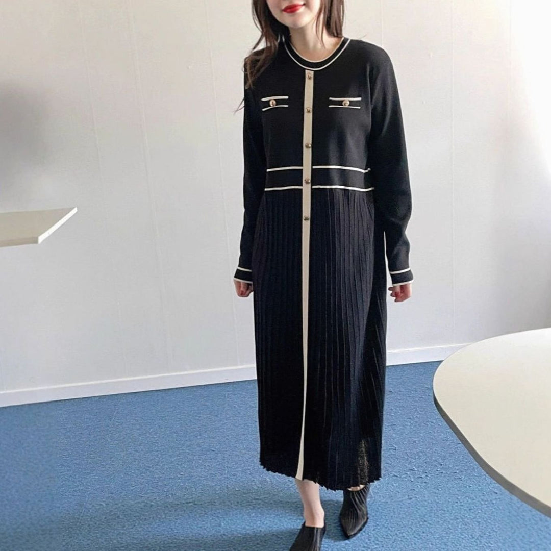Women's Long-Sleeve Contrast-Trim Button-Front Pleated Knit Sweater Dress