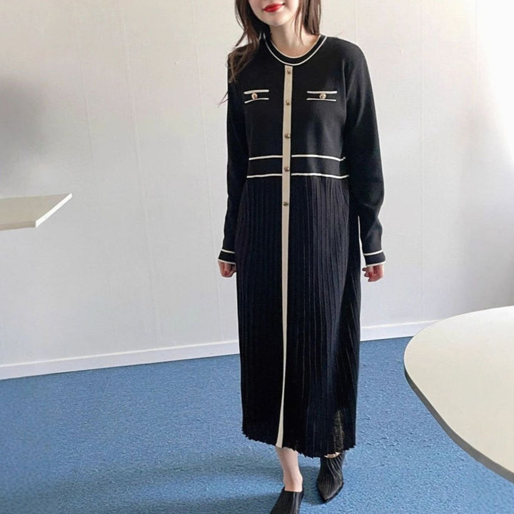 Women's Long-Sleeve Contrast-Trim Button-Front Pleated Knit Sweater Dress